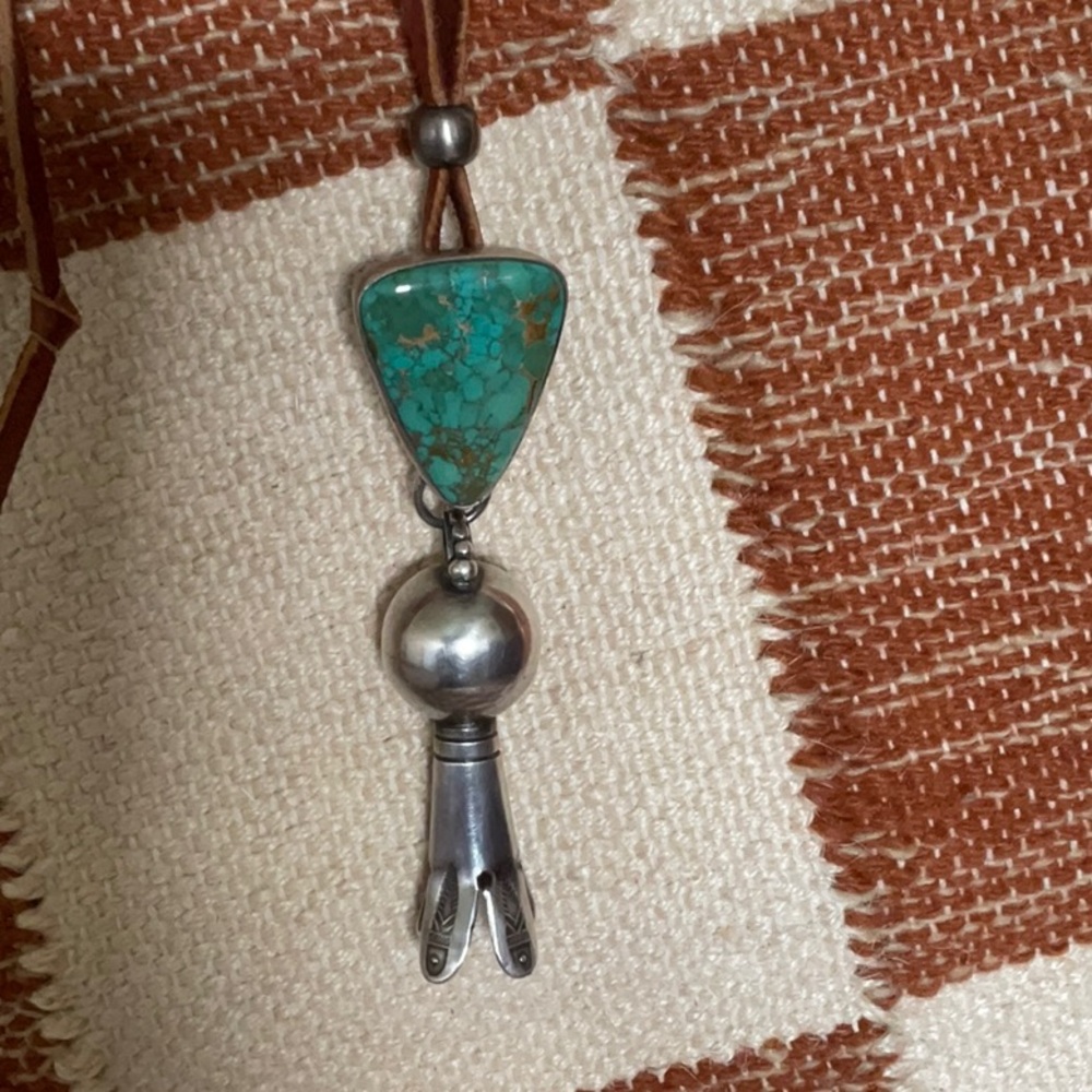 Jesse Robbins Turquoise and Squash Blossom Adjustable Necklace.